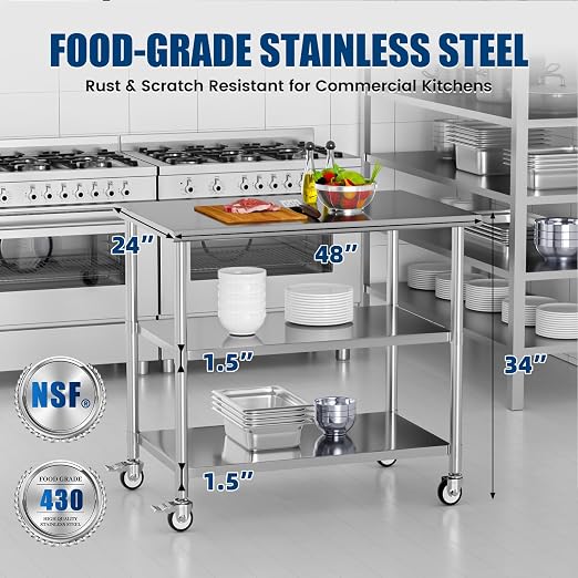 Stainless Steel Work Table with Wheels, 24x48 Inch NSF Kitchen Prep Table with 2 Adjustable Undershelves for Commercial Restaurant, Garage, Outdoor BBQ