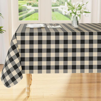 Smiry Picnic Table Cloth, Vinyl Tablecloths with Flannel Backing, 70"x108" | Waterproof Rectangle Table Cloth, Wipeable Buffalo Plaid Table Cover for Indoor and Outdoor (Black & Beige)