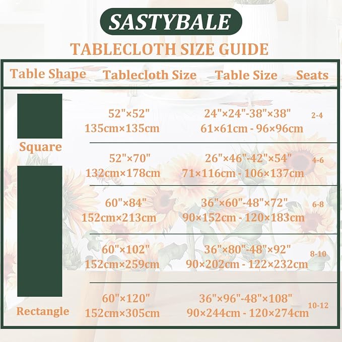 SASTYBALE Sunflower Tablecloth, White, 60x102 Inch Rectangle | Spill Proof Wrinkle Resistant Dustproof Table Cloth for Spring Summer Garden Party, Outdoor BBQ Brunch Picnic Indoor Dining