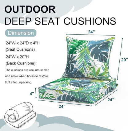 DYTXIII Outdoor Deep Seat Cushion Set, Water Repellent 24"x24" Patio Thick Cushions Replacement with Seat & Back Pillow for Patio Sofa, Wicker Chair, Couch - Islamorada Blue Green