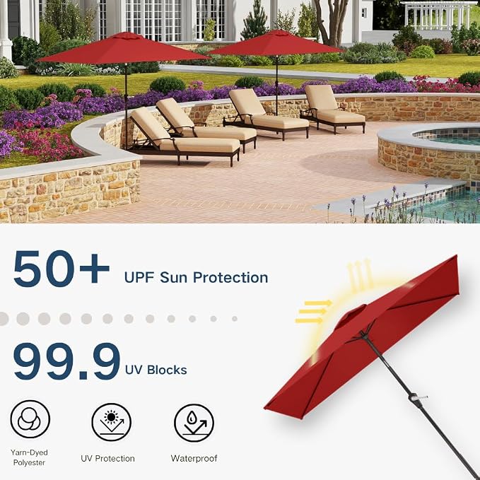6.5' x 10' Rectangular Patio Umbrella Large Outdoor Market Umbrella w/UV Protection, Push Button Tilt and Crank Lift, Rectangle Table Umbrella for Garden, Deck, Pool, Patio, Red