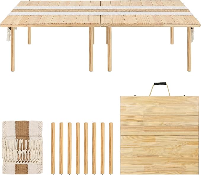60" x 30" Boho Low Picnic Table, Foldable Solid Wood Construction | Beach Table with Tablecloth & Adjustable Legs, Indoor & Outdoor Use for Beach, Camping, BBQ, Wedding & Warm Family Gatherings