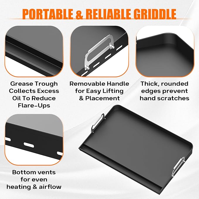 23" x 16" Portable Steel Nonstick Grill Griddle for Gas & Charcoal Grills, Flat Top BBQ Griddle Plate with Grease Groove & Removable Handle, Universal Fit for Outdoor & Home Cooking, Tailgating