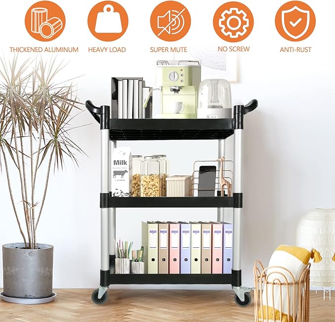 Utility Carts with Wheels,3-Tier Rolling Cart with Wheels, Heavy Duty 510 LBS Food Service Cart with Rubber Pad and Hammer for Kitchen/Office/Warehouse, 31.5" X 16.9" X 38.9"(Black)