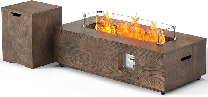 SUNPEAK 42" Rectangular Propane Fire Pit Table 50,000 BTU Fireplace Table with Wind Guard, Lid, Rocks and Cover - Fire Pits & Outdoor Fireplaces - Gas Fire Pits for Outside Patio (Teak Finish, 42")