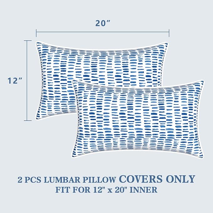 LVTXIII 2 Pack Outdoor Lumbar Pillow Covers 12x20 Inch with Piping, Water-Repellent Back Cushion Covers ONLY for Patio Furniture, Sofa, Garden Bench, A Pebble Blue