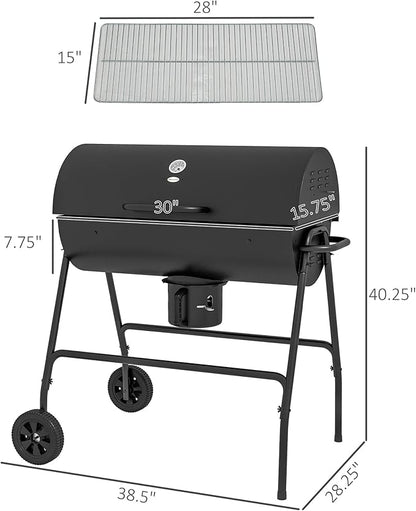 Barrel Charcoal BBQ Grill with 420 sq.in. Cooking Area, Outdoor Barbecue with Wheels, Ash Catcher and Built-in Thermometer for Patio Picnic, Backyard Party, Black