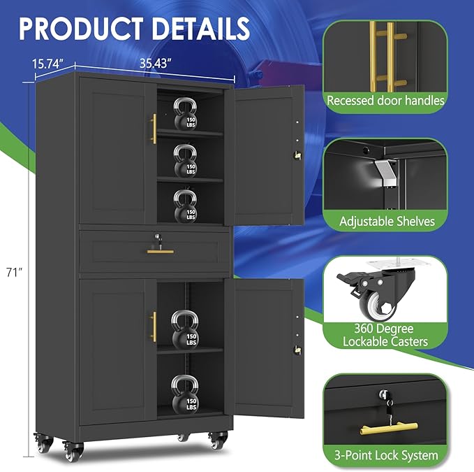 71" Metal Garage Storage Cabinet with Wheels and Locking Doors and Tall Rolling Steel Tool Cabinet with 3 Adjustable Shelves for Garage,Home,Office,Shop (Black, 71" H x 35.43W x 15.74" D)
