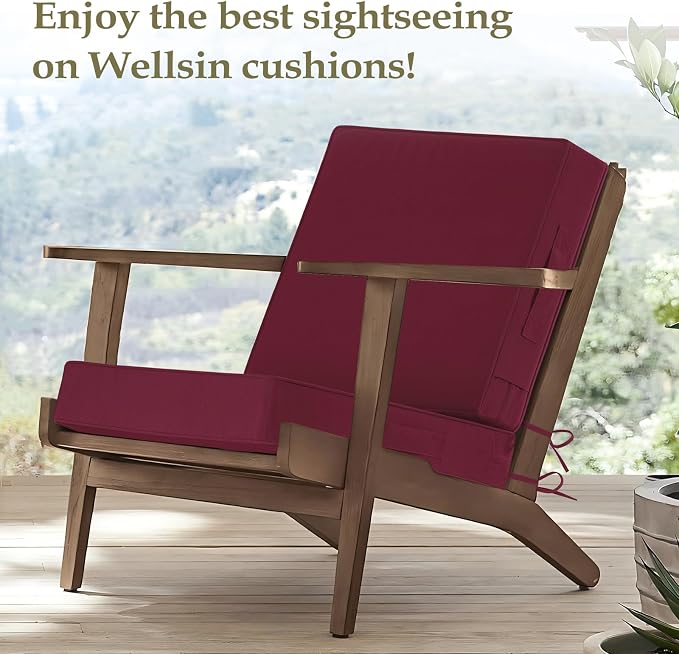 Wellsin Outdoor Deep Seat Patio Cushions, 24 x 24 Waterproof & 3-Year Fade Resistant Outdoor Cushions with Removable Covers,Ties and Handle for Chair, Sofa, Couch, Burgundy