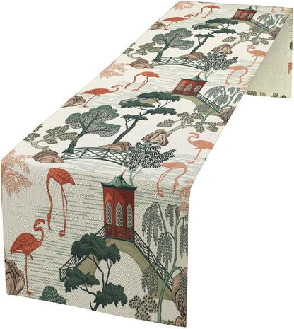 Vintage Oriental Landscape Table Runner Chinese Japanese Chinoiserie Tropical Trees Flamingo Seasonal Summer Holiday Dinner Runner for Wedding Party Kitchen Dining Decor 13x90in