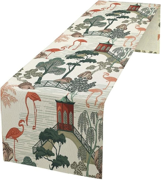 Vintage Oriental Landscape Table Runner Chinese Japanese Chinoiserie Tropical Trees Flamingo Seasonal Summer Holiday Dinner Runner for Wedding Party Kitchen Dining Decor 13x108in
