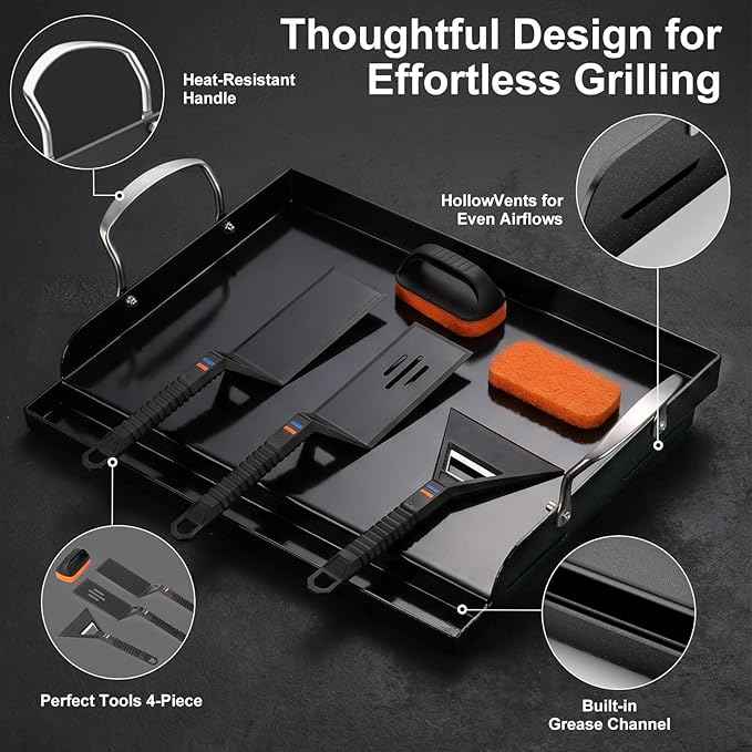 17 x 13 in Cast Iron Griddle for Gas Grill, Nano Ceramic Nonstick Flat Top Grill Plate with 5-Piece Tool Kit, Grease Groove, High Sidewalls, Handles, for Charcoal, Stove Top, Camping