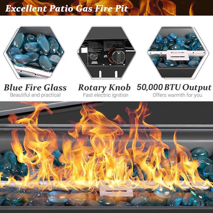 Greesum 43 Inch Outdoor Gas Fire Pit Table, 50,000 BTU Steel Propane Firepit with Wind Guard and Blue Glass Rock, Add Warmth and Ambience to Parties On Patio Garden Backyard, Black