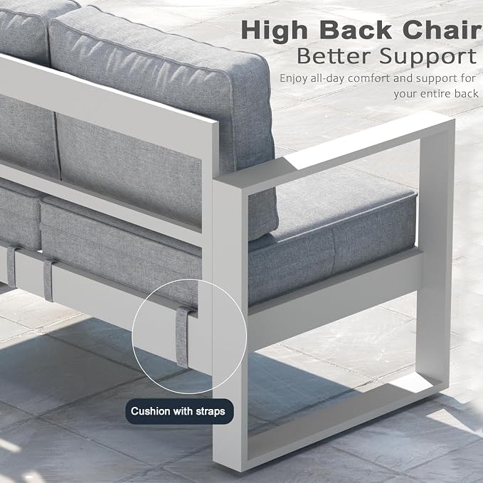 LayinSun Outdoor Patio Aluminum Sofa, Metal Modern 3-Seat Couch with Washable Thick Cushions