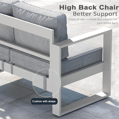 LayinSun Outdoor Patio Aluminum Sofa, Metal Modern 3-Seat Couch with Washable Thick Cushions