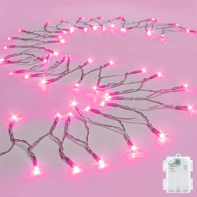 cshare String Lights Outdoor Waterproof 9.8ft 30 LED, Pink Fairy Lights Battery Operated with Timer Clear Wire for Indoor & Outdoor Christmas Valentine's Day Decorations Garland Party Garden