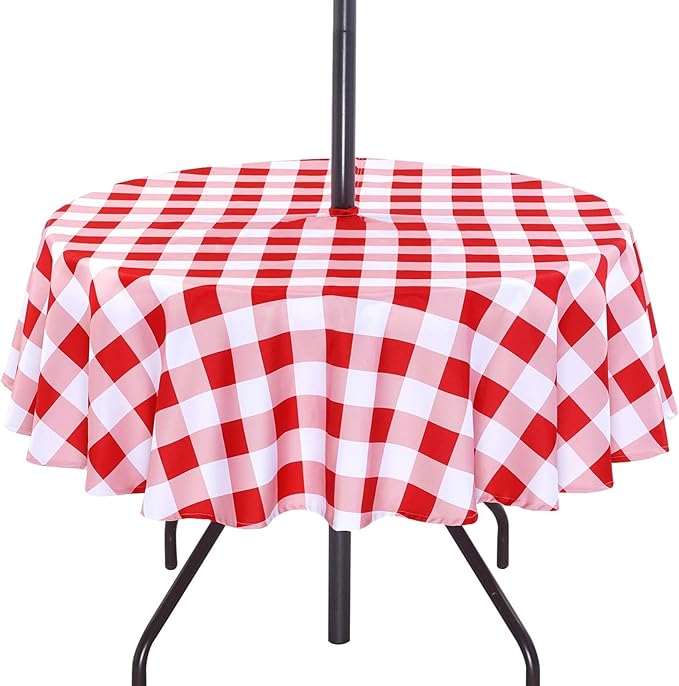 Poise3EHome Round Outdoor Tablecloth with Umbrella Hole and Zipper,Red and White Gingham 60 Inch,SpillProof Washable Table Cloth for Spring Summer Patio Garden Poolside Picnic Camping BBQS