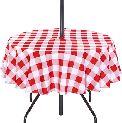 Poise3EHome Round Outdoor Tablecloth with Umbrella Hole and Zipper,Red and White Gingham 70 Inch,SpillProof Washable Table Cloth for Spring Summer Patio Garden Poolside Picnic Camping BBQS