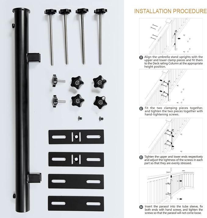 304 Stainless Steel Patio Umbrella Holder, Deck Umbrella Mount, Post Black | Easy Installation, Sturdy, Fits Umbrellas up to 1.9", Save Space, Railing Mounting Brackets, Heavy Duty Outdoor Umbrella Base