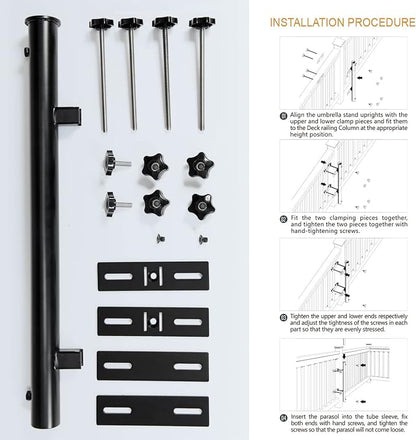 304 Stainless Steel Patio Umbrella Holder, Deck Umbrella Mount, Post Black | Easy Installation, Sturdy, Fits Umbrellas up to 1.9", Save Space, Railing Mounting Brackets, Heavy Duty Outdoor Umbrella Base