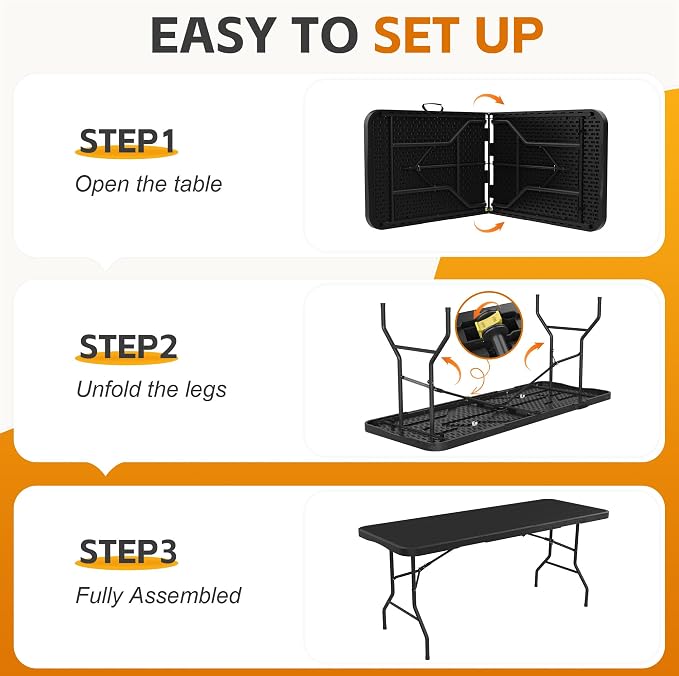 6 Ft Plastic Folding Table,Heavy Duty Portable Table for Indoor & Outdoor,Wood Grain Desktop & 350lbs Weight Capacity,Premium Solutions for Camping,Picnic,BBQ and Party