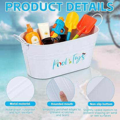 2 Pack Pool Toy Storage Bucket, Metal Poolside Toy Storage Bucket with Handles, Outdoor Summer Storage Box, Above Ground Pool Bin for Goggles Towels Swimming Camping Beach Accessories Decor (White)
