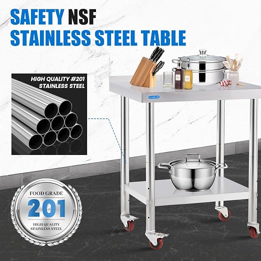 KUARBARR Stainless Steel Table for Prep & Work with 4 Caster Wheels with Backsplash 24 x 30 NSF Metal Commercial Kitchen Adjustable Under Shelf Worktable for Restaurant Home Outdoor