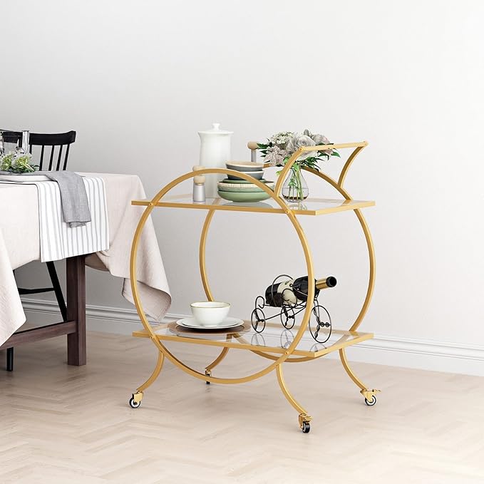 Gold Bar Carts for The Home Bar Serving Cart, Rolling Bar Cart Gold with Lockable Caster Wheels, Glass Bar Carts with 2 Mirrored Shelves, Storage Round Wine Carts for Kitchen, Party