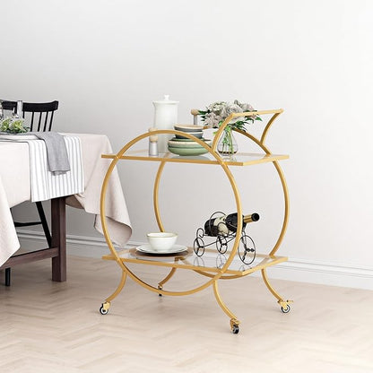 Gold Bar Carts for The Home Bar Serving Cart, Rolling Bar Cart Gold with Lockable Caster Wheels, Glass Bar Carts with 2 Mirrored Shelves, Storage Round Wine Carts for Kitchen, Party