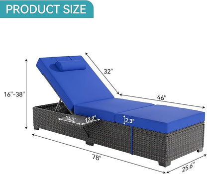 GAOMON Outdoor PE Wicker Chaise Lounge Chairs Set of 2 Patio Brown Rattan Reclining Chair Adjustable Backrest Pool Sunbathing Recliners with Cushion Cover, Navy