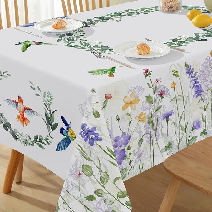 SASTYBALE Spring Summer Tablecloth, 52" x 70" Rectangular Watercolor Wild Flower Birds Plants Decorative Table Cloth Washable Water Resistant Table Cover for Party Picnic Dinner Decor, Colourful