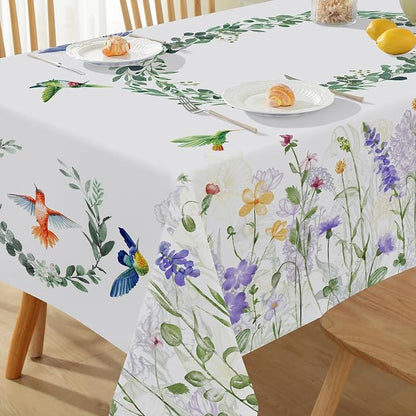 SASTYBALE Spring Summer Tablecloth, 52" x 70" Rectangular Watercolor Wild Flower Birds Plants Decorative Table Cloth Washable Water Resistant Table Cover for Party Picnic Dinner Decor, Colourful