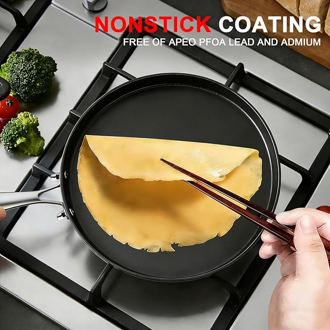 12" Cast Iron Griddle Pan with Stainlessl Steel Handle, Pre-Seasoned Nonstick Round Skillet for Stovetop, Oven and Grill, Perfect for Pancakes, Crepes, Tawa, Dosa, Tortilla