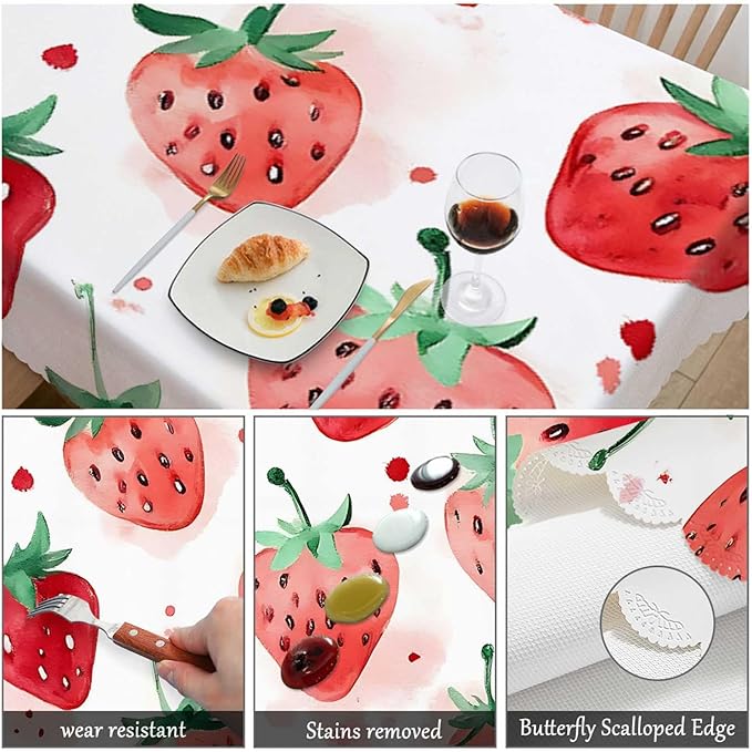 Swono Strawberry Red Tablecloth Summer Fruits Strawberry Leaves Decorative Table Cover for Kitchen, Party Banquet and Holiday Tablecloth, 52x70 Inch(4-6 Seats)
