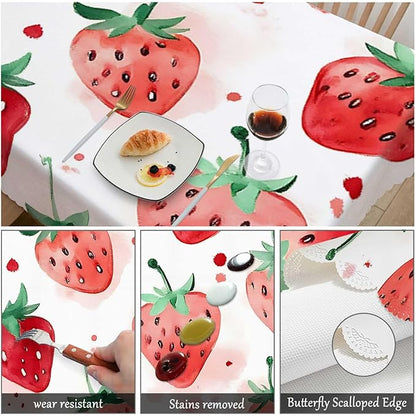 Swono Strawberry Red Tablecloth Summer Fruits Strawberry Leaves Decorative Table Cover for Kitchen, Party Banquet and Holiday Tablecloth, 52x70 Inch(4-6 Seats)