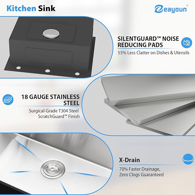 25 Inch Drop In Kitchen Sink 25 x 22 Kitchen Sink 18 Gauge Stainless Steel Single Bowl Topmount Handmade Sink, 25x22x8