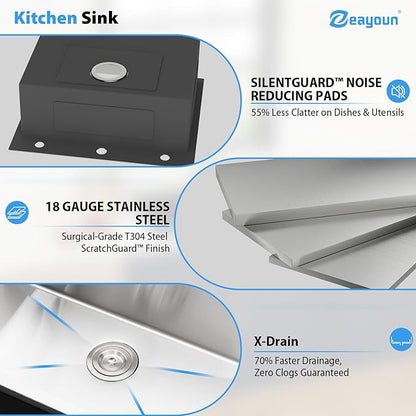 25 Inch Drop In Kitchen Sink 25 x 22 Kitchen Sink 18 Gauge Stainless Steel Single Bowl Topmount Handmade Sink, 25x22x8