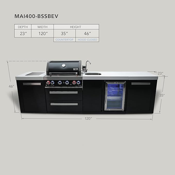 Mont Alpi 120"W x 23"D Black Stainless Steel Outdoor Kitchen Island with Refrigerator Faucet & Sink + 32"W 4-Burner BBQ Grill + Granite Countertops + Storage + Chopping Board + Rotisserie Kit + Cover