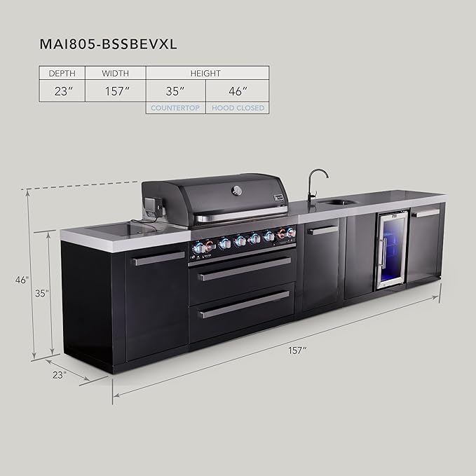 Mont Alpi Premium 157" Black Stainless Steel Outdoor Kitchen Island with Refrigerator + Beverage Center Faucet & Sink + 44"W 6-Burner BBQ Gas Grill + Granite Countertops + Storage Cabinets & Drawers