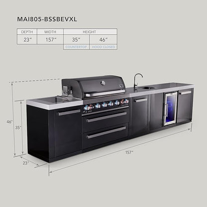 Mont Alpi Premium 157" Black Stainless Steel Outdoor Kitchen Island with Refrigerator + Beverage Center Faucet & Sink + 44"W 6-Burner BBQ Gas Grill + Granite Countertops + Storage Cabinets & Drawers