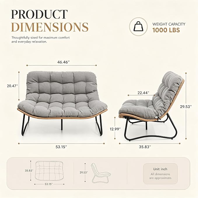 Outdoor Loveseat 2-Seat Wicker Rattan Boho Patio Sofa Grey 1PC | 53"x36"x30", 13" seat height. 4" thick cushions, 1000lb cap. All-weather PE rattan, rust-proof frame. Grey, 1PC.