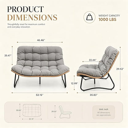 Outdoor Loveseat 2-Seat Wicker Rattan Boho Patio Sofa Grey 1PC | 53"x36"x30", 13" seat height. 4" thick cushions, 1000lb cap. All-weather PE rattan, rust-proof frame. Grey, 1PC.