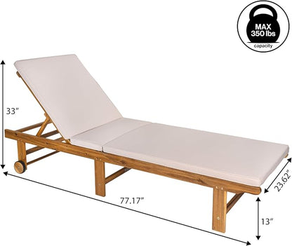 JONATHAN Y Mallorca 23.62" x 77.17" Acacia Wood Chaise Lounge, Beige | 5-Position Reclining Back, Foldable Frame, Dual Rear Wheels, Included Cushion, Teak Brown Finish, Armless Slat, Coastal Style