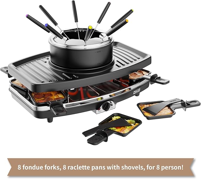 Electric Fondue Pot Sets, Electric lndoor Raclette Table Grill for 8 People, Adjustable Temperature Control and 8 Paddles, Perfect for Parties and Family Fun