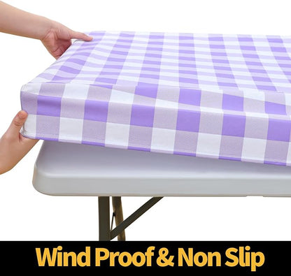 Smiry Rectangle Picnic Table Cloth, Elastic Waterproof Fitted Vinyl Tablecloths, Flannel Backed Buffalo Plaid Table Covers for Dining, Camping, Outdoor (White and Purple, 30" x 60")