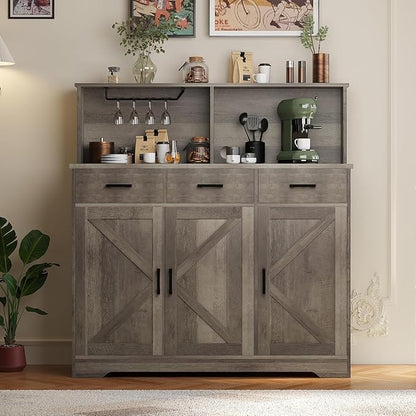 GarveeHome Farmhouse Sideboard Buffet with Microwave Stand, Barn Doors Buffet Storage Cabinet with Drawers and Shelves, Wood Coffee Bar Cabinet for Kitchen, Dining Room, Living Room, Grey