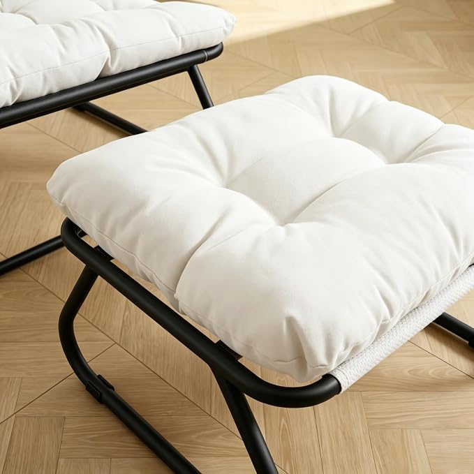 Rocking Chair with Ottoman, Modern Metal Frame Outdoor Rocker, Comfy Patio Lounge Chair with Footrest, Reading Glider Chairs for Living Room, Bedroom, Balcony, Garden, Relax, White