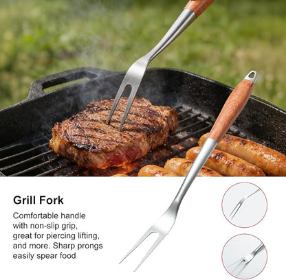 Heavy-Duty Wood BBQ Grilling Accessories Tools Set, Premium Thickened Stainless Steel Barbecue Utensils for Outdoor Grilling