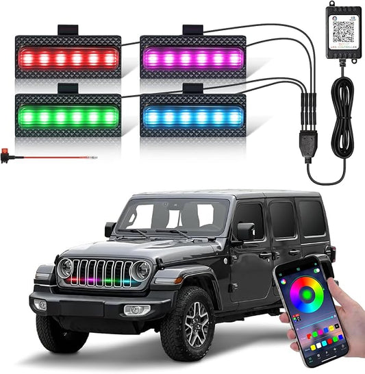 Grill Lights for Jeep Wrangler JL - FICOLPO 4PCS LED Front Grill Lights for Jeep Wrangler JL JLU 2024 2025 2026 Rubicon Sahara Front Bumper Grille Lights with Fuse Adapter & Harness (RGB Light)