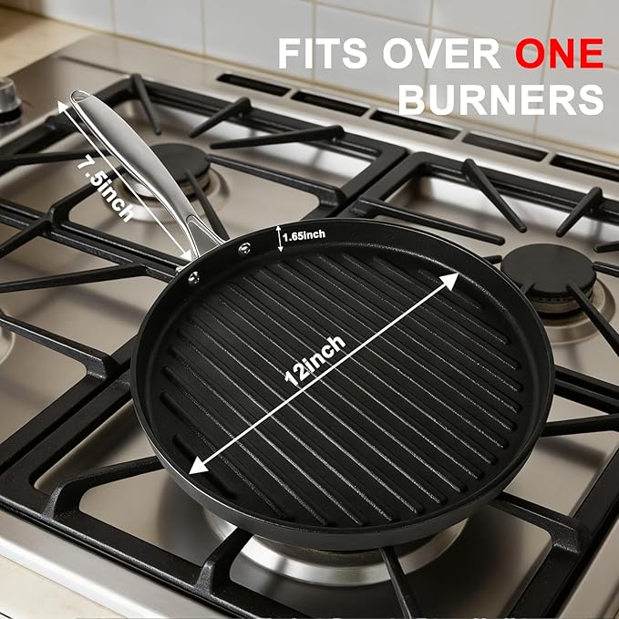 12 Inch Cast Iron Grill Pan with Stainless Steel Handle, Pre-Seasoned Round Ribbed Skillet for Stovetop, Oven & Grill, Perfect for Steak, Burgers, Indoor & Outdoor BBQ